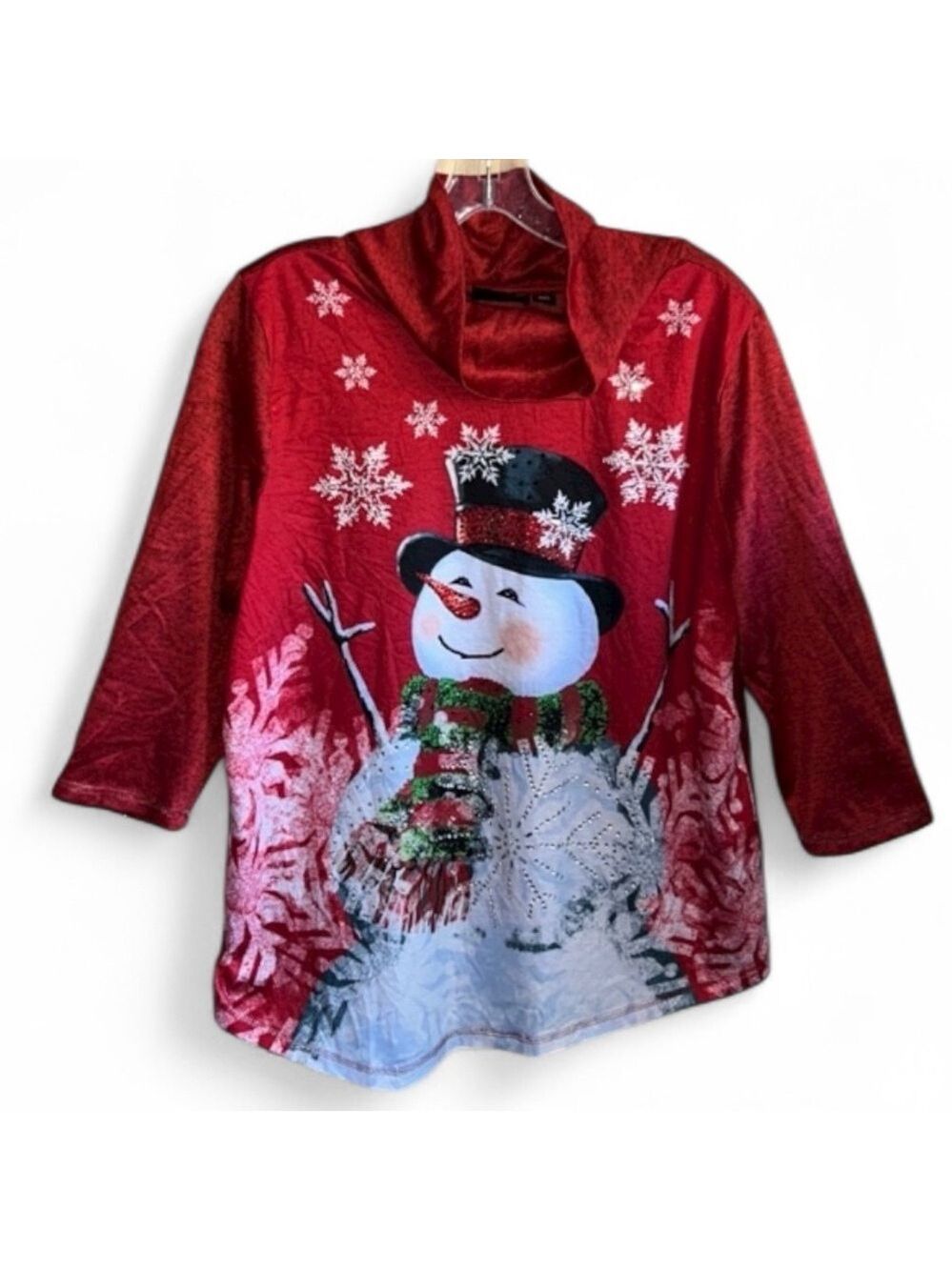 Onque Casual Red Snowflake Sparkle Holiday Shirt 3/4 Sleeves Cowl Neck PXL